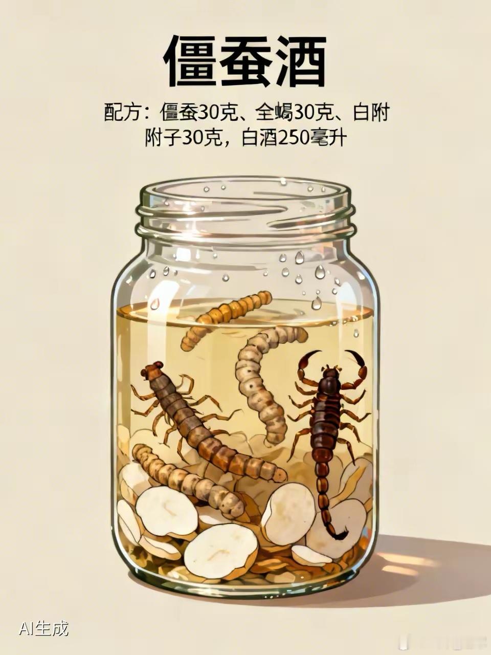 僵蚕酒 【古方溯源】此方取自牵正散配伍化裁，以酒为引，通经走络，专攻风痰阻络诸疾