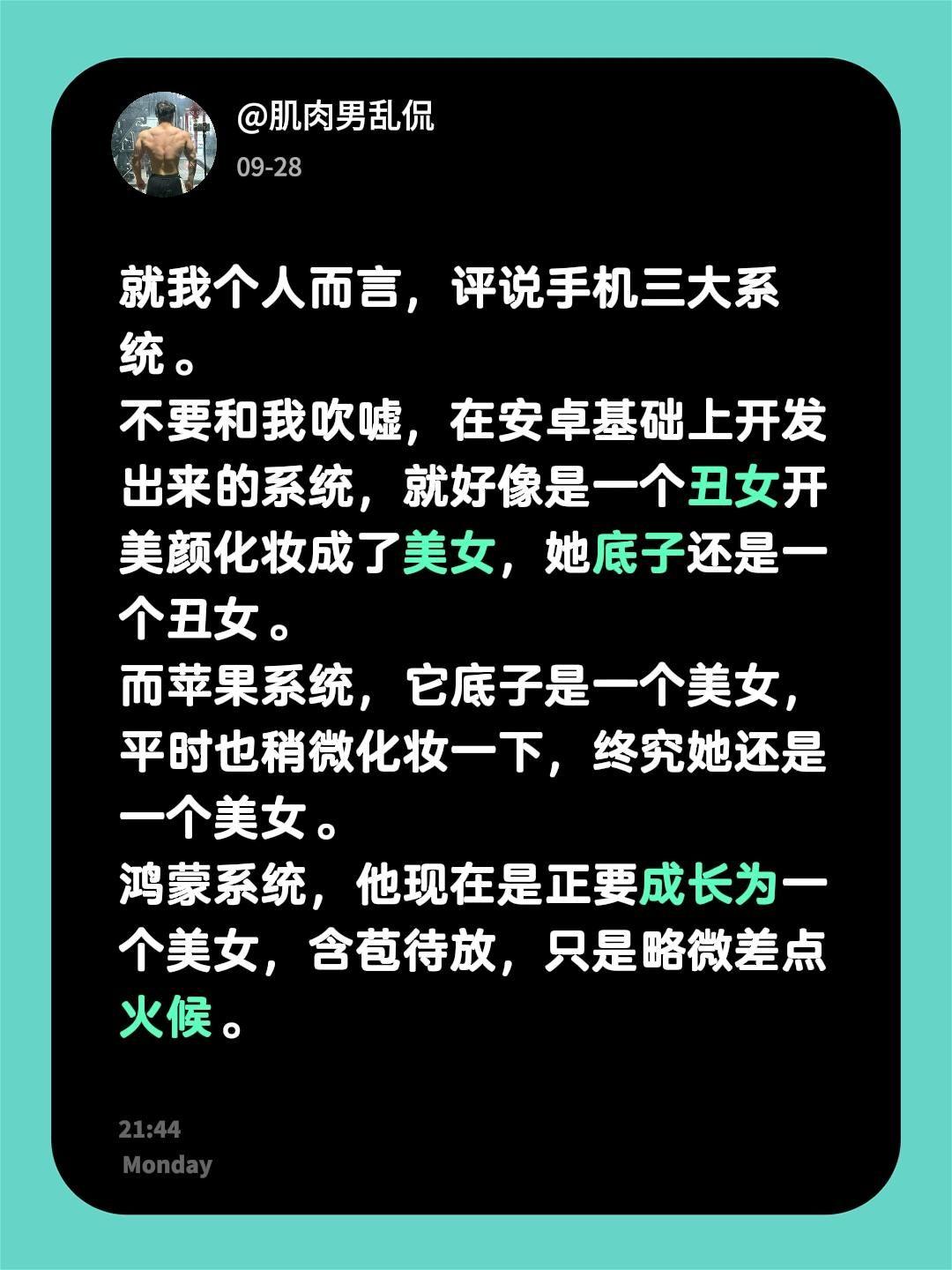 就我个人而言，评说手机三大系统。
不要和我吹嘘，在安卓基础上开发出来的系统，就好