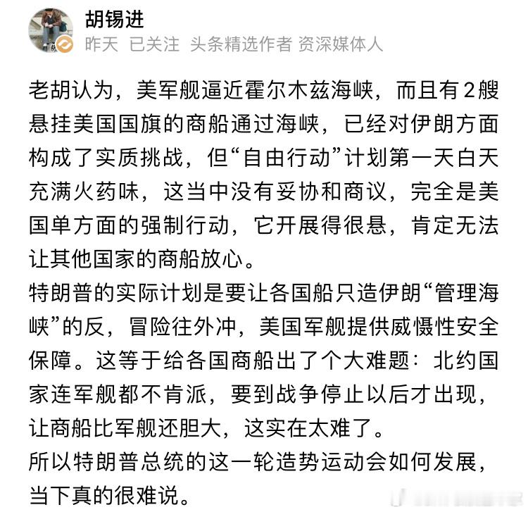 胡锡进这逻辑，各个国家自己的商船都不自己护，要北约给你出兵护，战争又不是北约发起