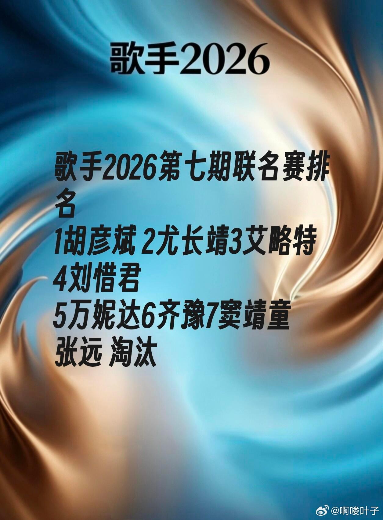 第七期联名赛排名歌手2026歌手2026第七期联名赛排名1胡彦斌 2尤长靖3艾略