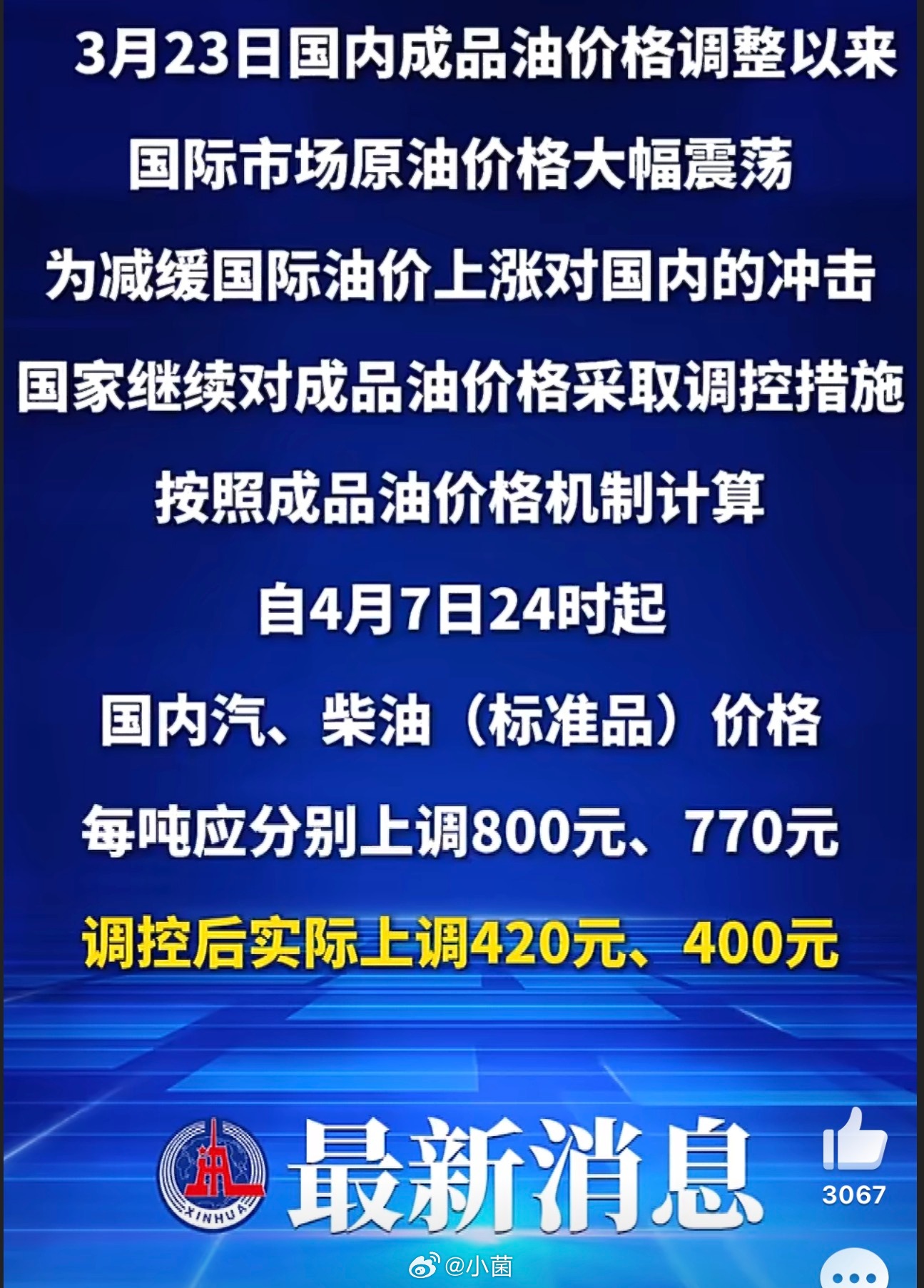 国家继续出手调控油价国际油价大涨，国内调控后少涨了近一半。该涨涨、该压压，至少没