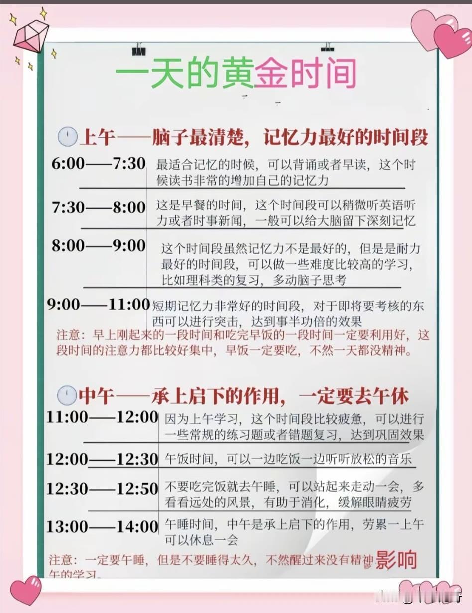 制定一份高效学习时间表，能让一天都充实又有收获。
早上 6 点到 8 点，大脑清