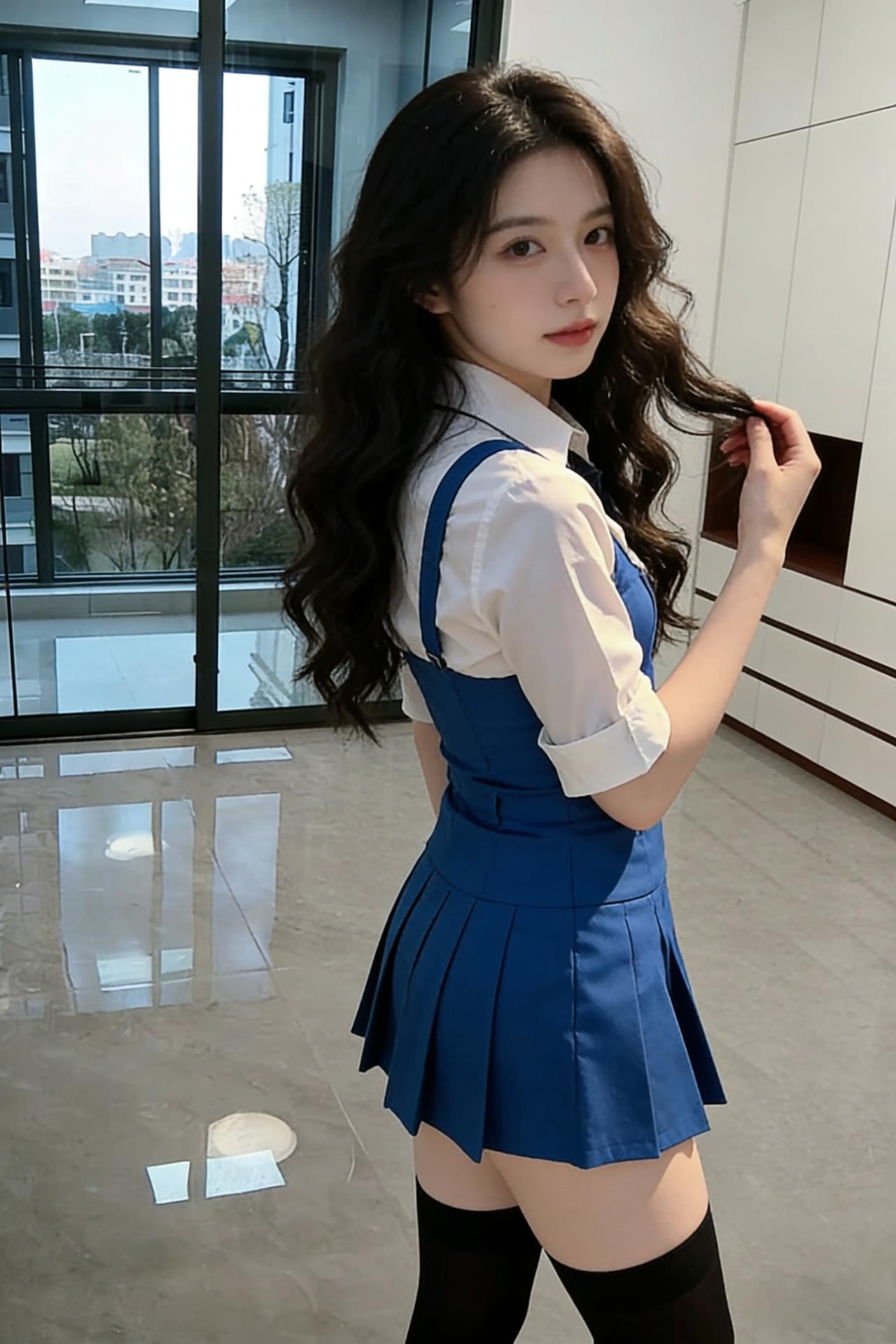 明窗净几映晨光，少女凝妆立画堂。
卷发鬅松垂玉颈，蓝裙飘曳衬罗裳。
白衫叠雪凝芳