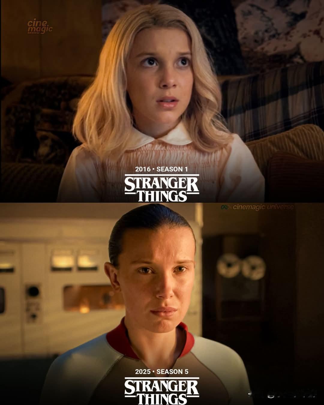 2016年与2025年

米莉·鲍比·布朗在《怪奇物语》第一季至第五季中的表现。