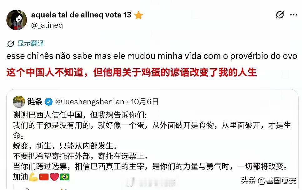 一条中国网友的随口回复，被巴西人捧成了胜选圣经。原帖曝光量1080万，点赞28.