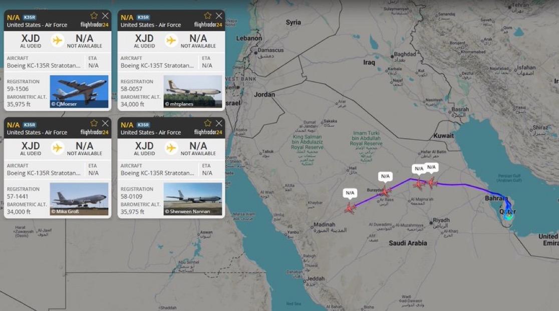 美国空军的四架 KC-135R/T“同温层加油机”已从卡塔尔的乌代德空军基地起飞