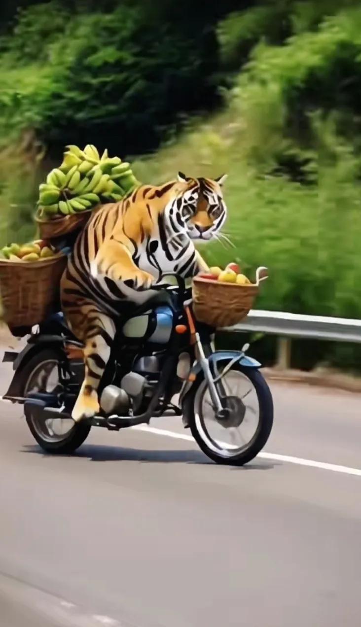 “猛虎骑摩托，载满水果，狂野之旅！”🐯🏍️🍌🍎#萌可骑摩托车# #骑着破