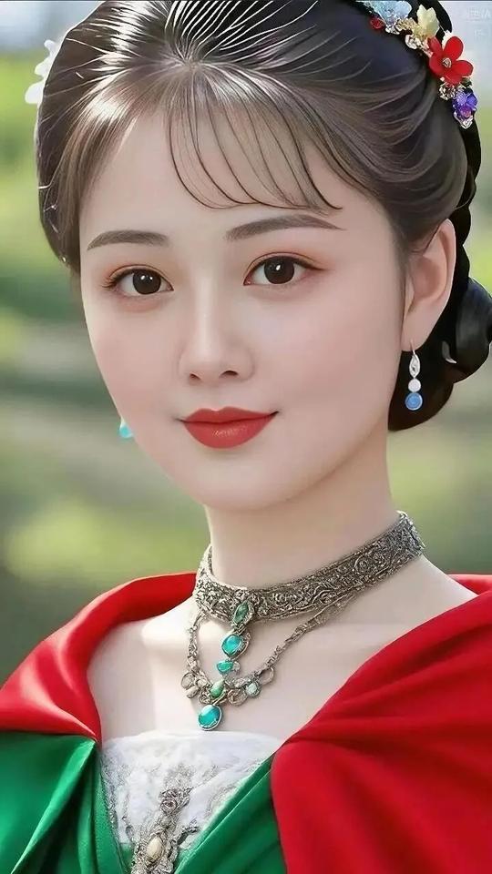 古典美人，红绿相间，精致妆容，韵味十足！