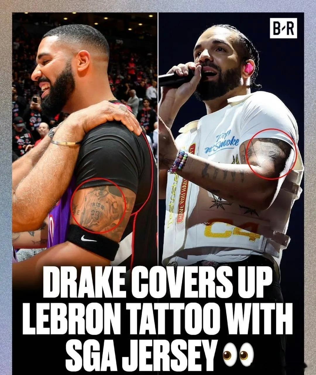 换来换去不疼啊？Drake把自己的原来纹的詹姆斯的球衣，现在换成了SGA ​​​