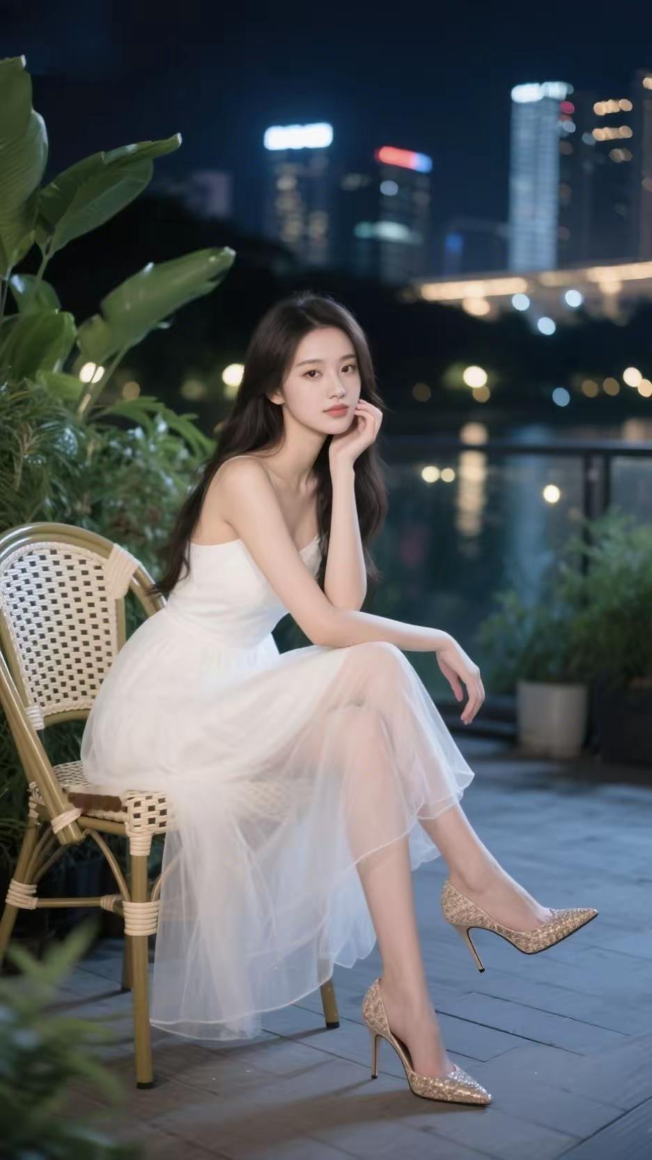 夜晚的浪漫时光，白色连衣裙与高跟鞋的完美搭配，城市夜景为背景，尽显优雅与魅力。