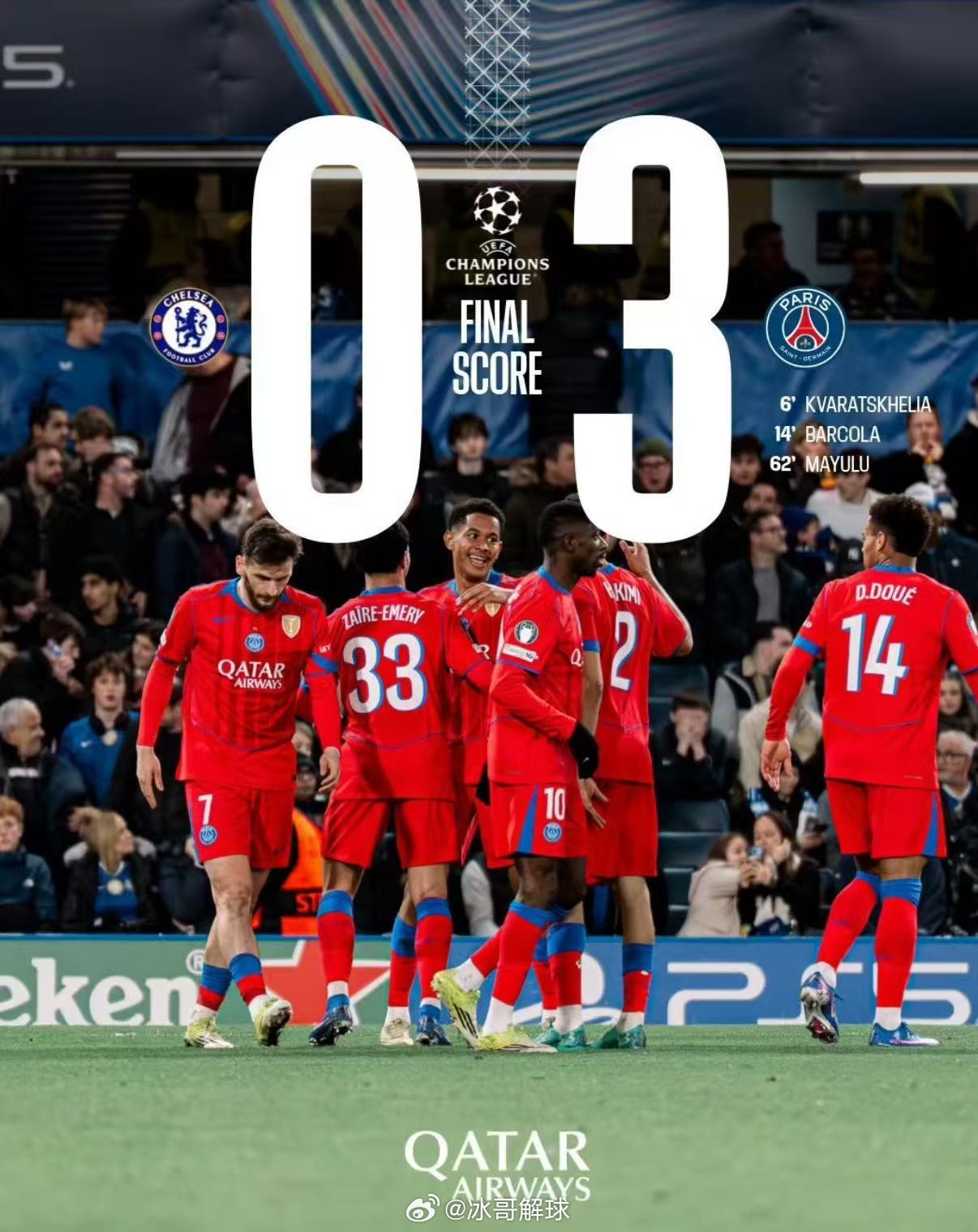 切尔西0比3巴黎圣日耳曼欧冠1/8决赛次回合，切尔西主场0-3不敌巴黎圣日耳曼，