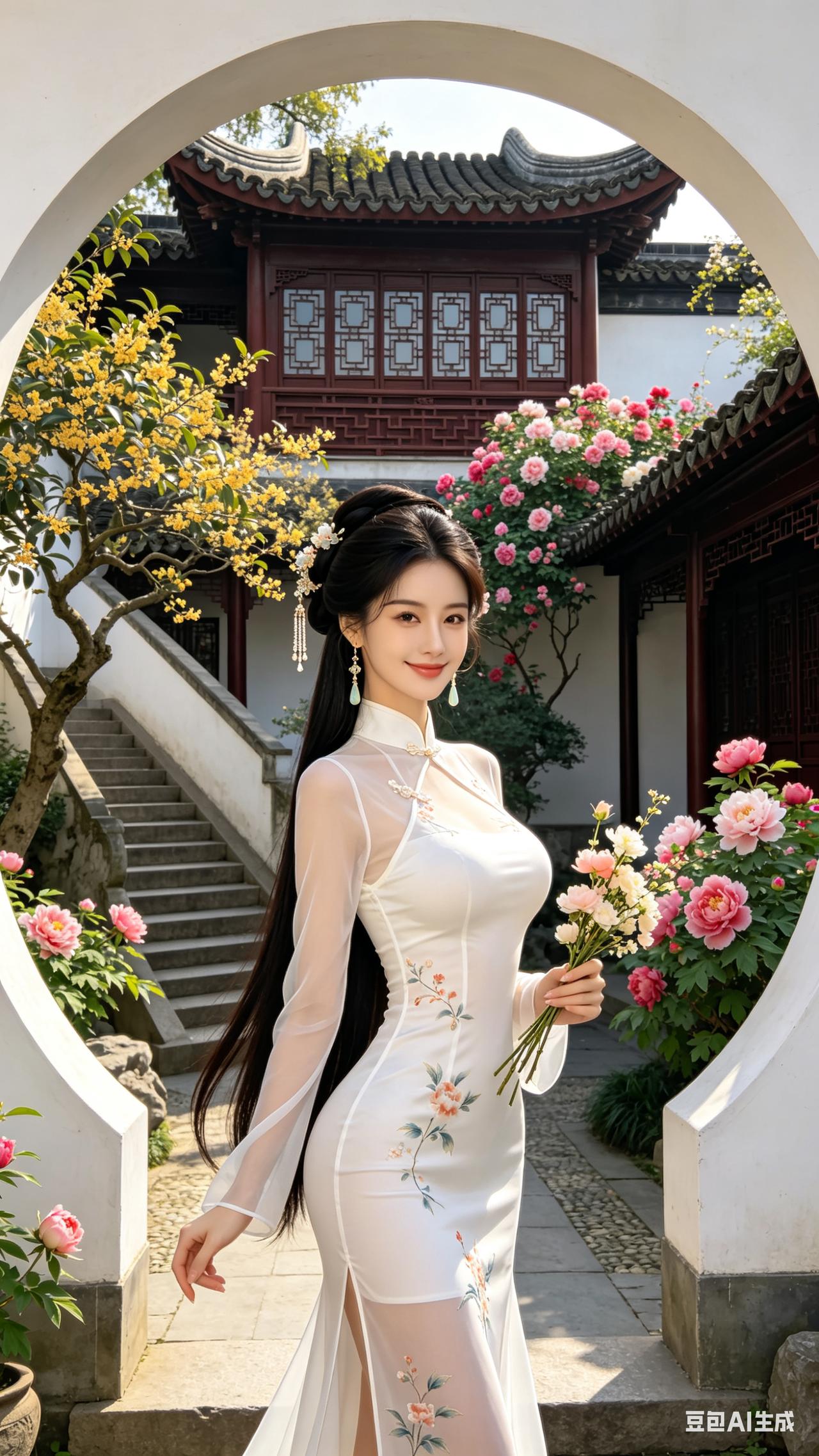古风发髻及腰长发的东方美人，流苏耳坠精致，印花白绡紧身衣勾勒沙漏身段，手执花枝浅