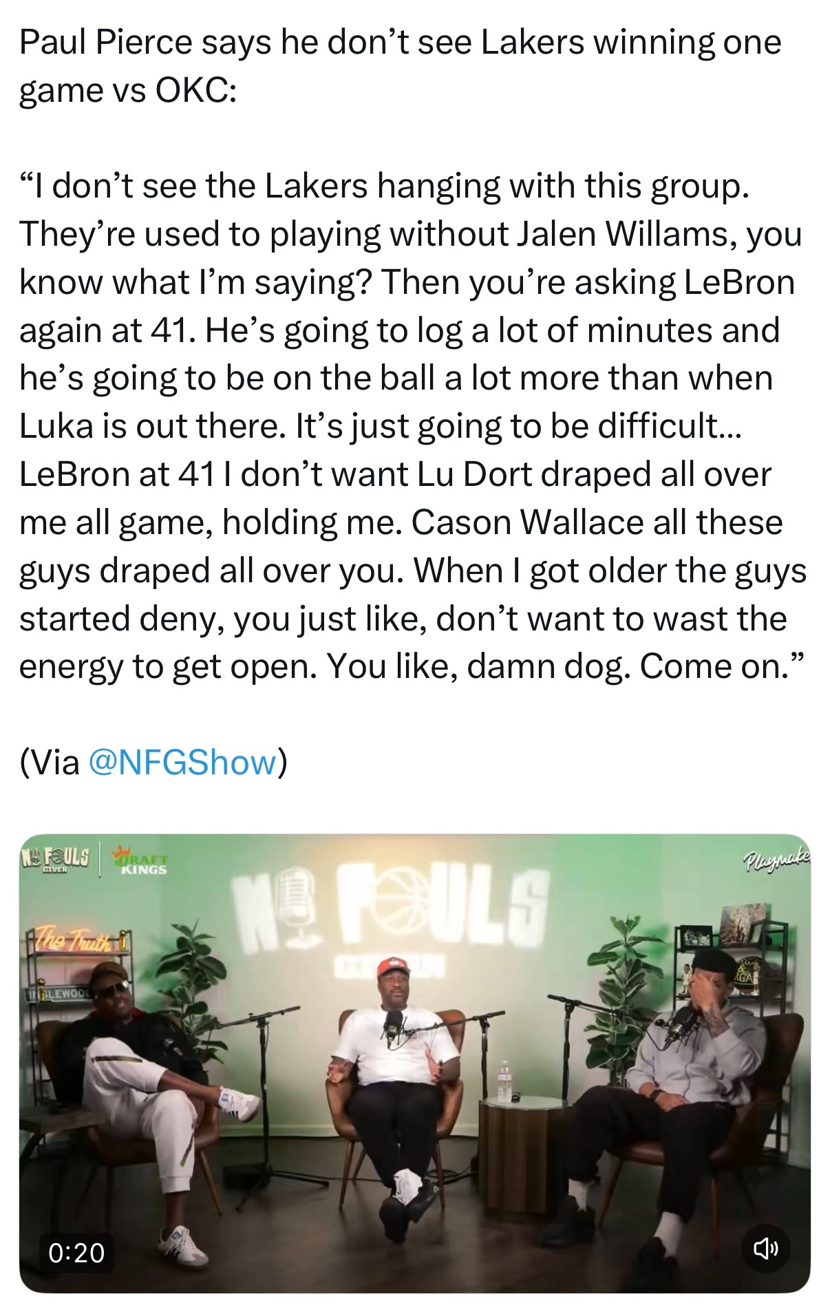 皮尔斯不认为湖人能在对阵雷霆的系列赛中赢下任何一场比赛：“我不觉得湖人能跟这支雷