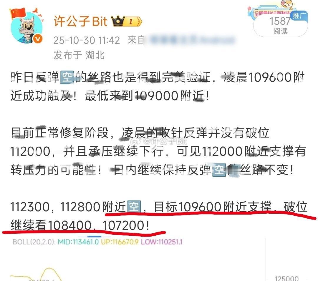 早间刚说完112000这个位置极有可能支撑转压力，继续下看108400附近，结果