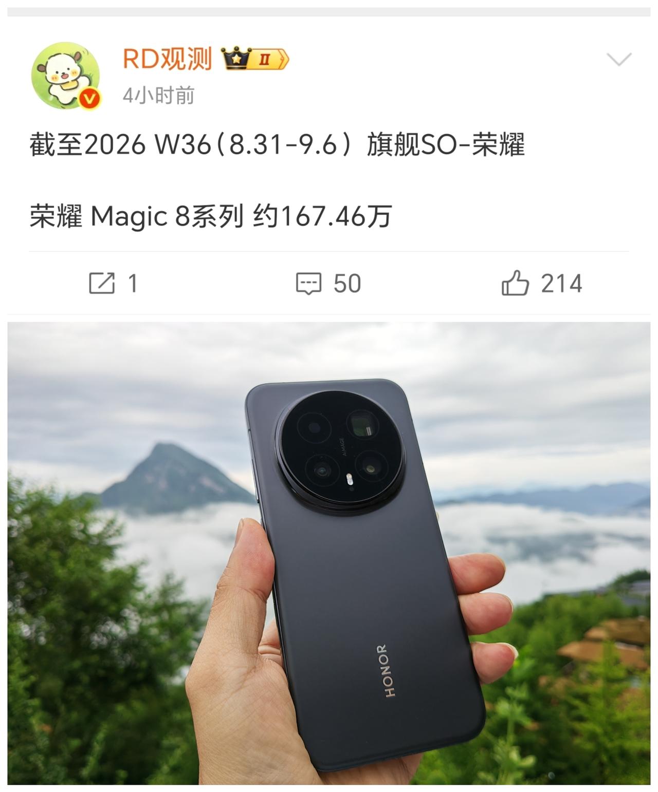 荣耀荣耀Magic8系列上周销量又增加了2万多台。在目前这个行情里，增速还算不错
