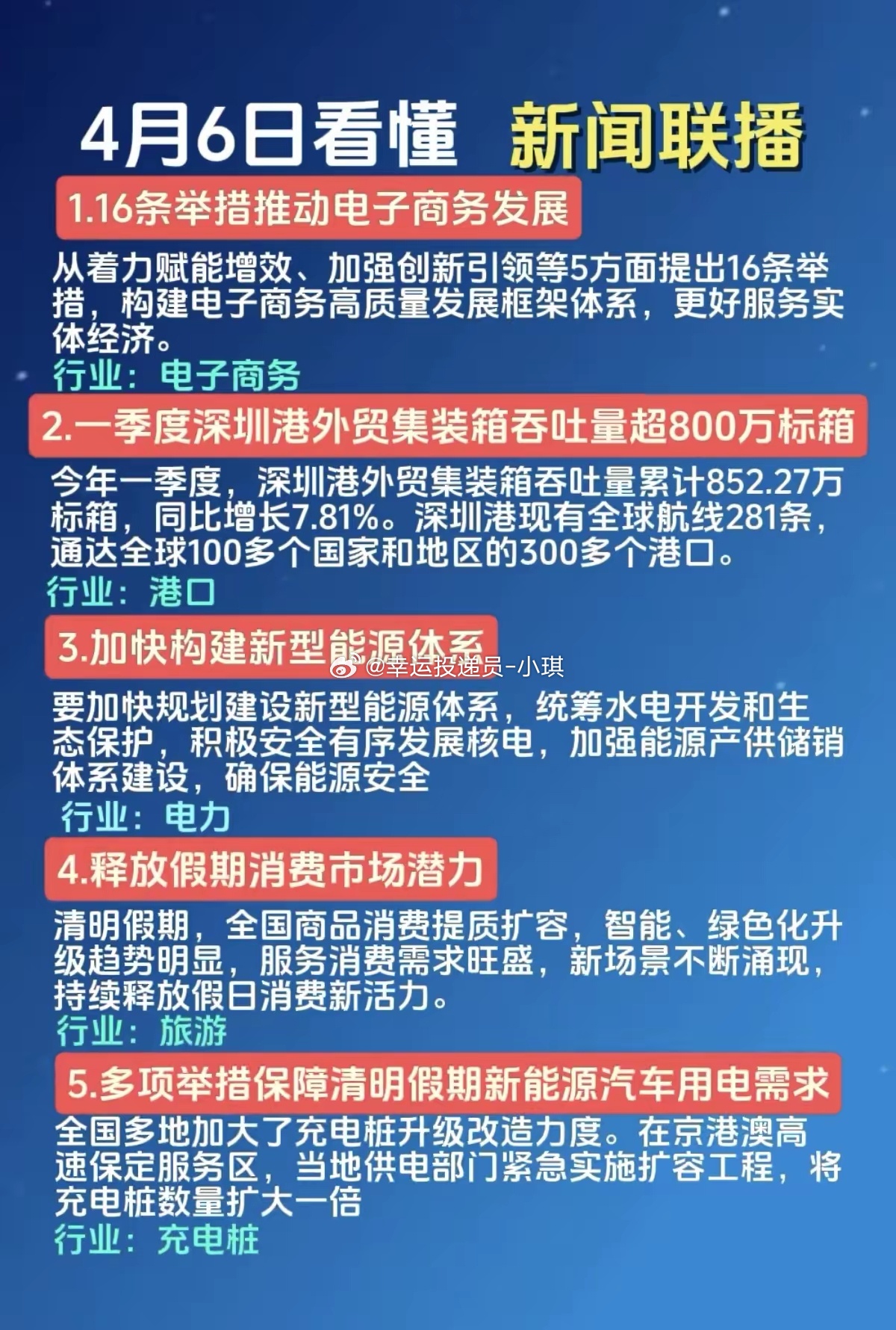 4.6周一晚间   新闻联播 里的投资机会！1.电子商务，跨境支付2.航运港口3