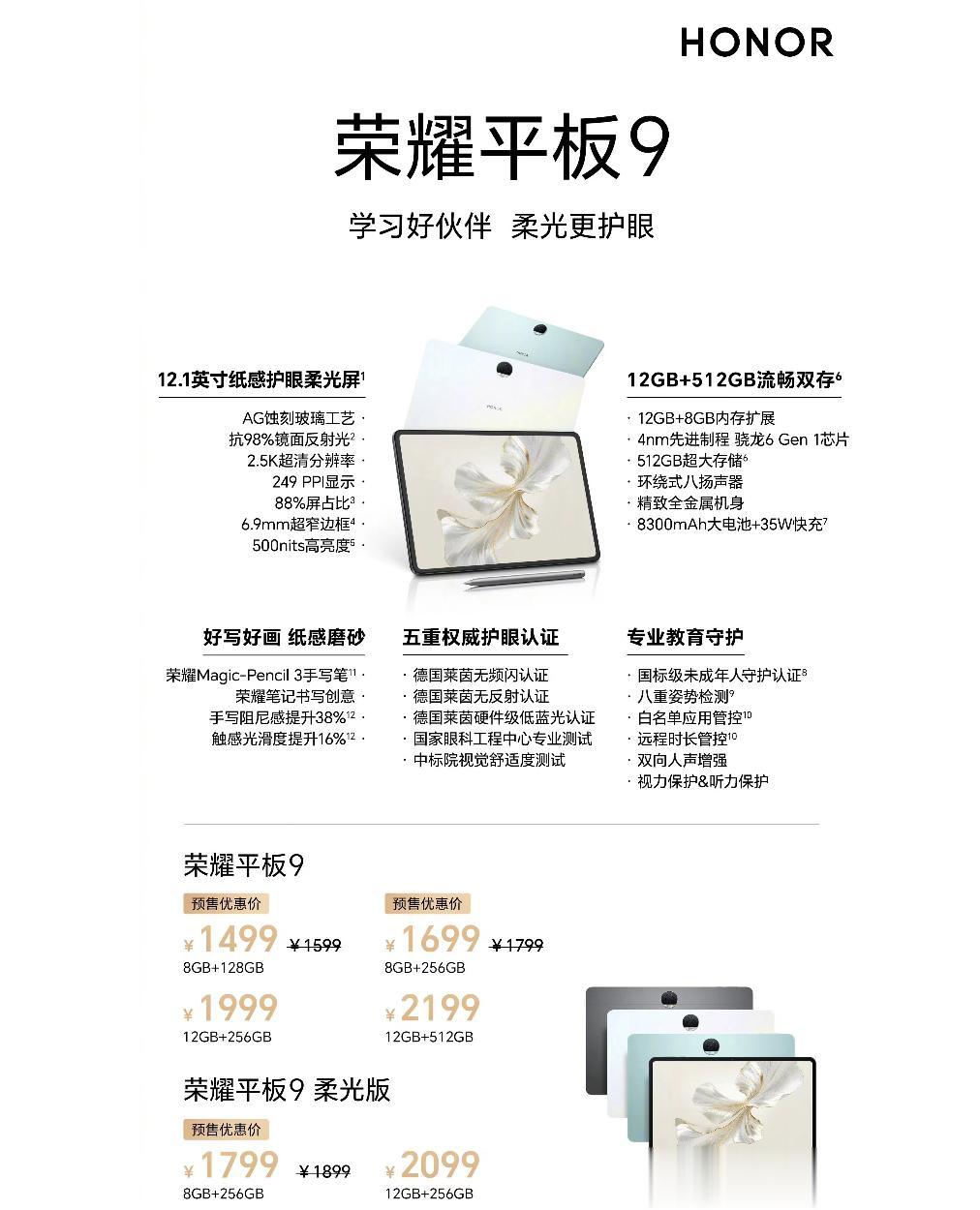 柔光屏的荣耀平板9我是真推荐
      这个价格出来，还是真香的。8+128G