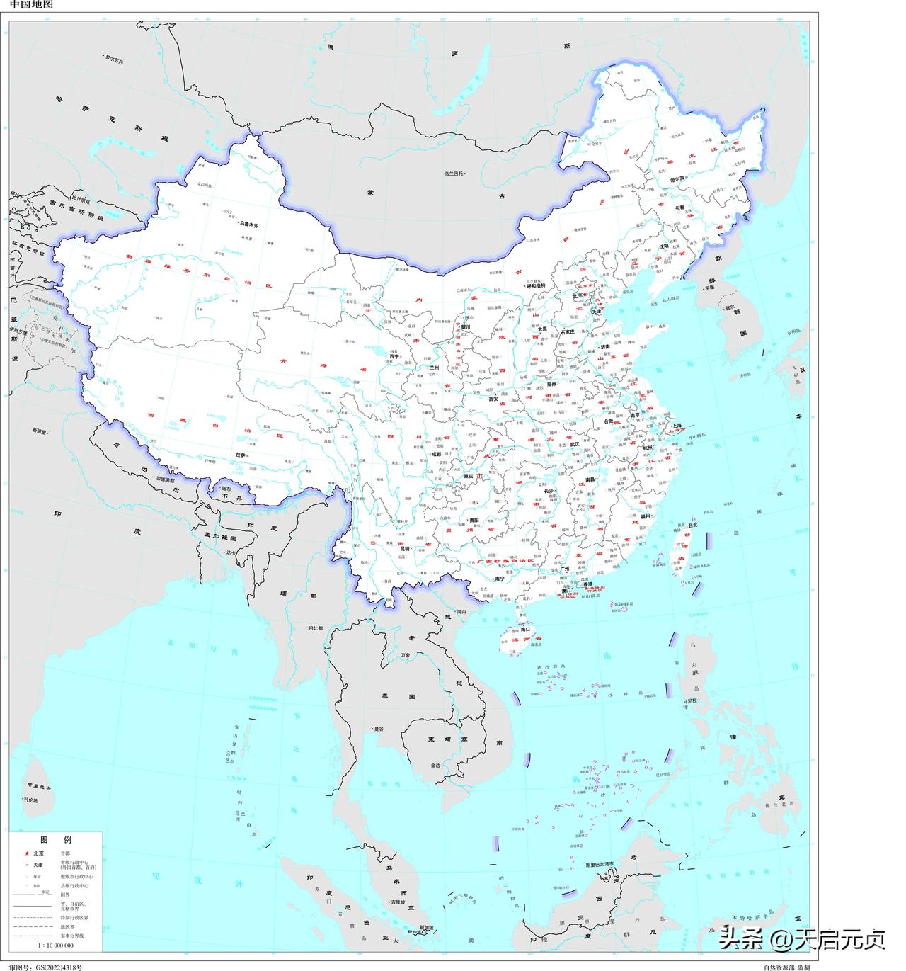 图1是2022年新版中国地图，有邻国，划线版；
图2是2023年新版中国地图，有