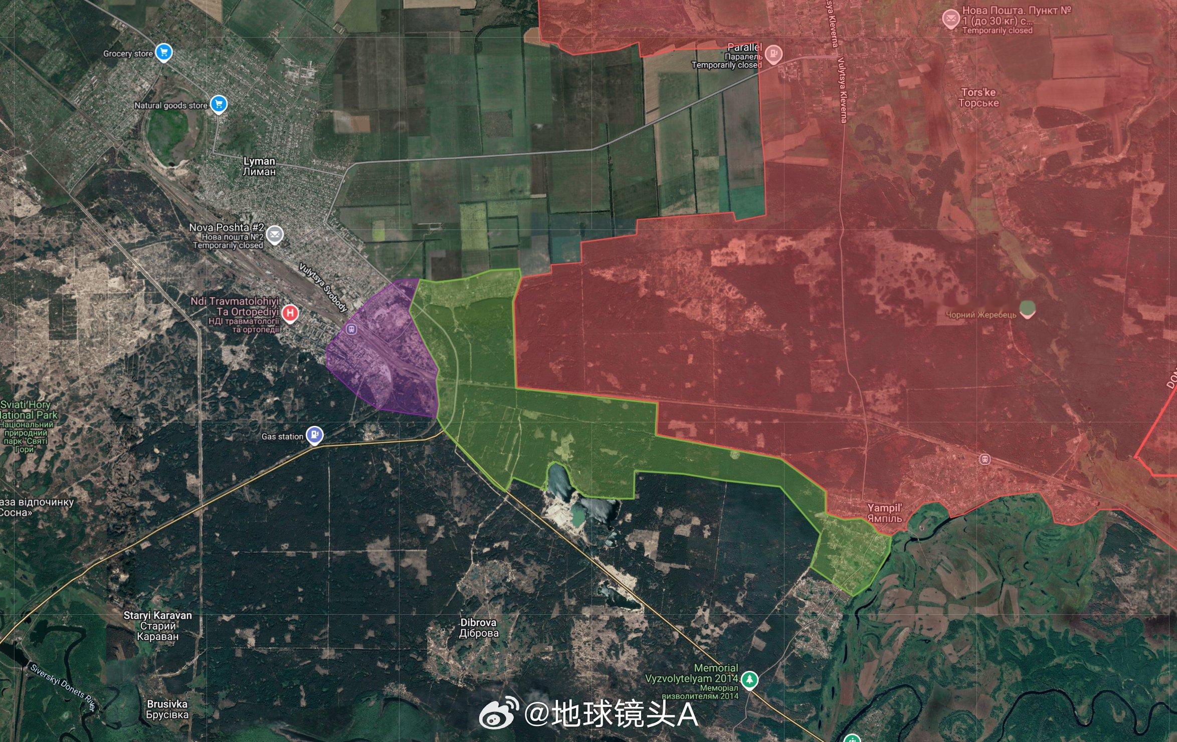 俄军在红利曼以东的林区又取得了进一步进展。目前战斗发生在该市的南部区域（紫色部分