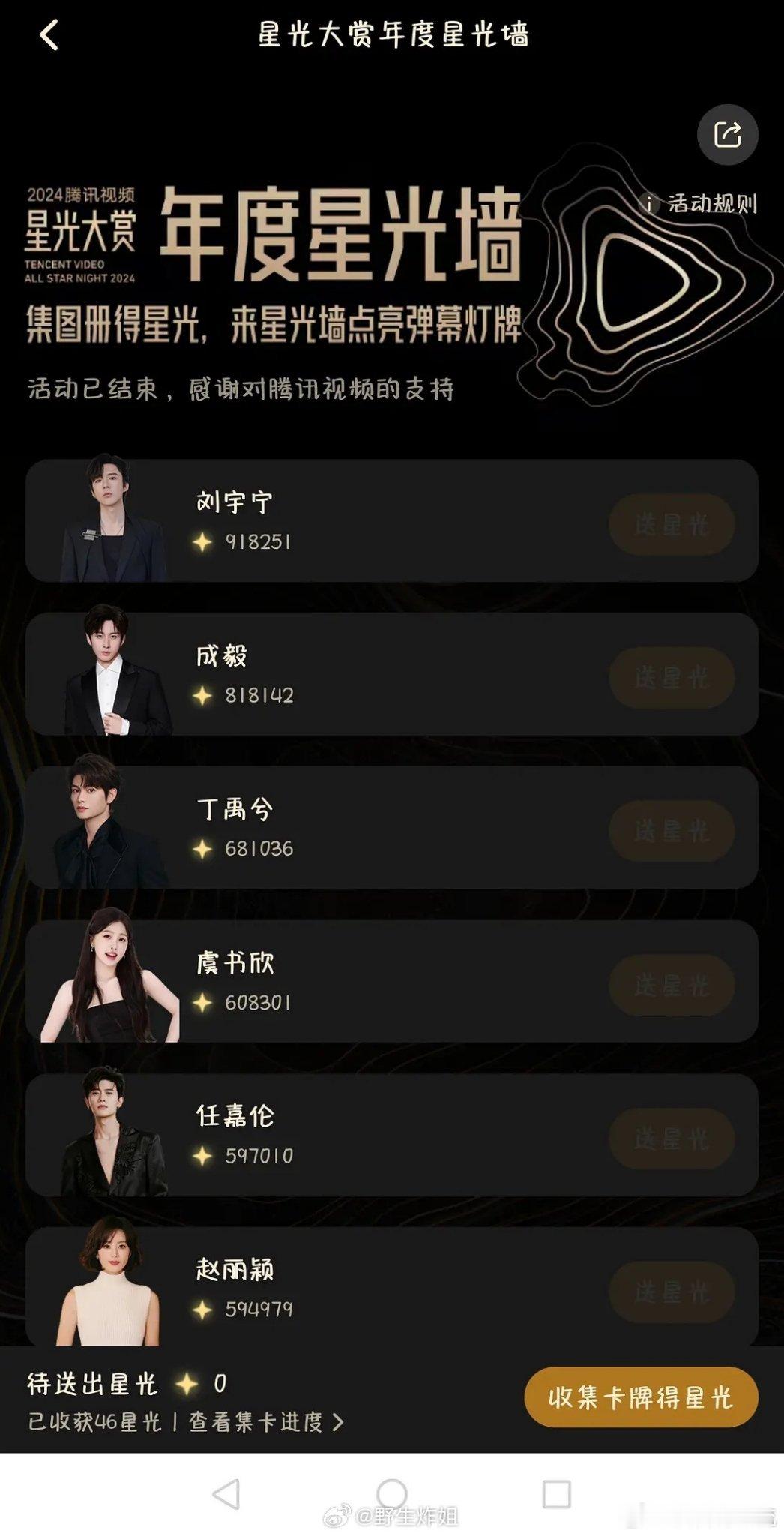 2024星光大赏年度星光墙灯牌点亮前六 刘宇宁 成毅 丁禹兮 虞书欣 任嘉伦 赵