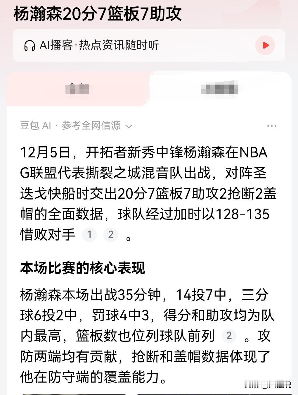杨瀚森这次的表现不错啊，竟然拿下了20分。
在NBA也是越来越好了。
12月5日