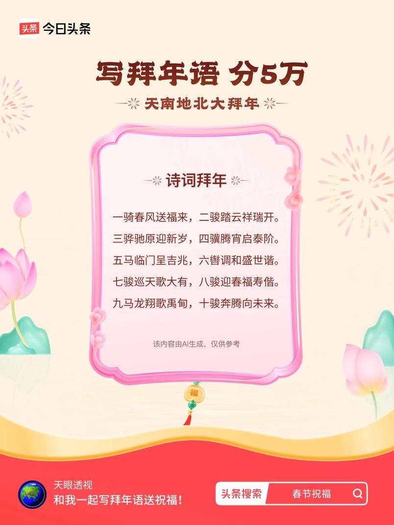 三骅驰原迎新岁，四骥腾宵启泰阶。 五马临门呈吉兆，六辔调和盛世谐。 七骏巡天歌大