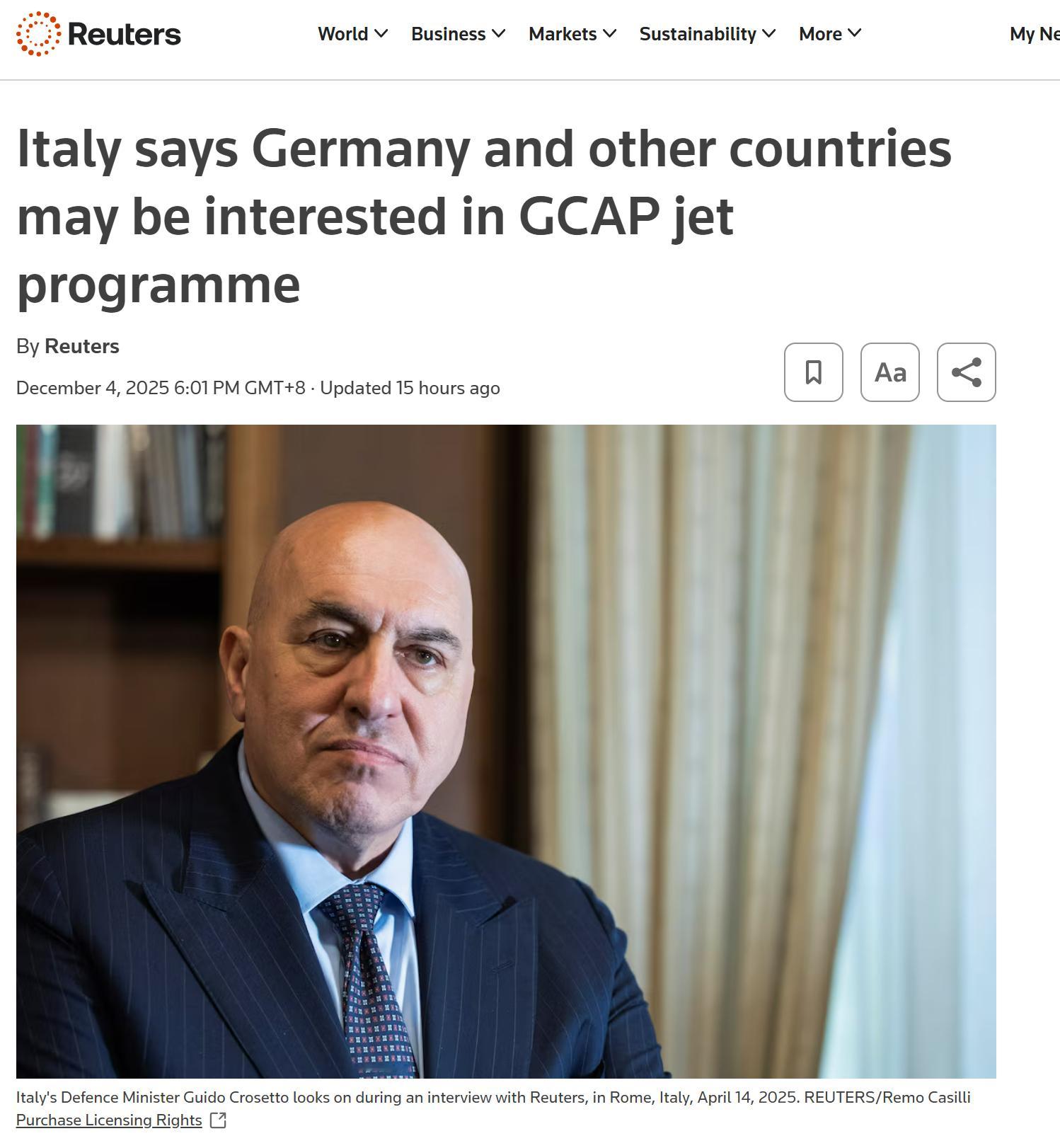 意大利防长表示德国有意加入GCAP