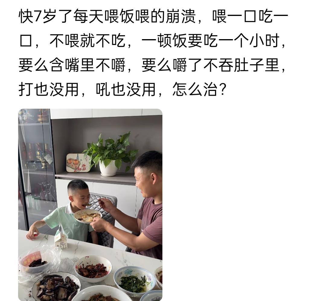 惯子如害子，都7岁了还喂饭，爱吃不吃，饿了就吃了，难道这娃上幼儿园老师会喂他？现