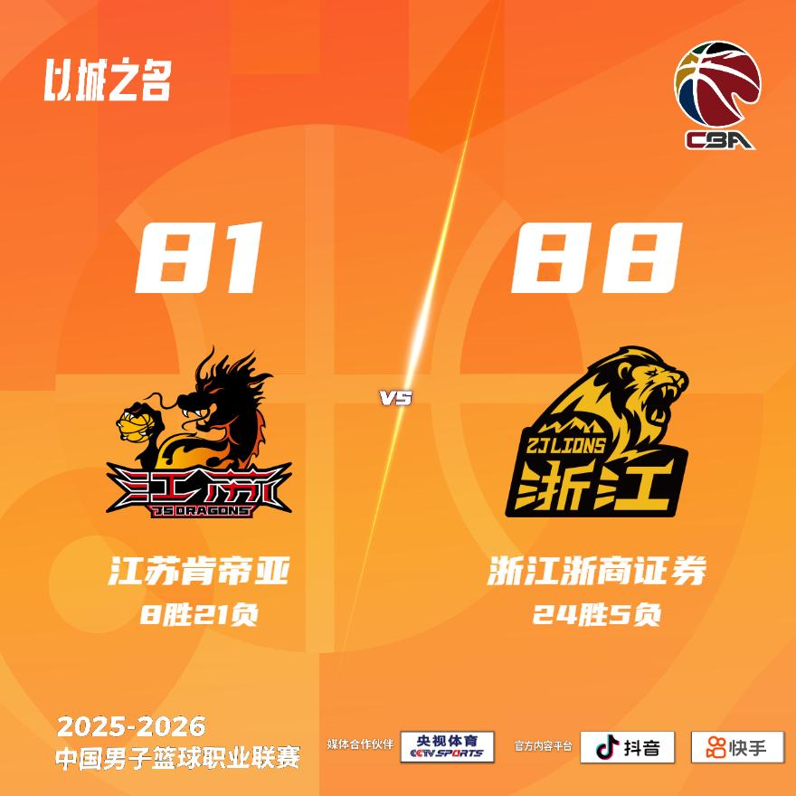 江苏肯帝亚 81-88 浙江浙商证券 江苏男篮vs广厦男篮
江苏肯帝亚：贾尔斯3