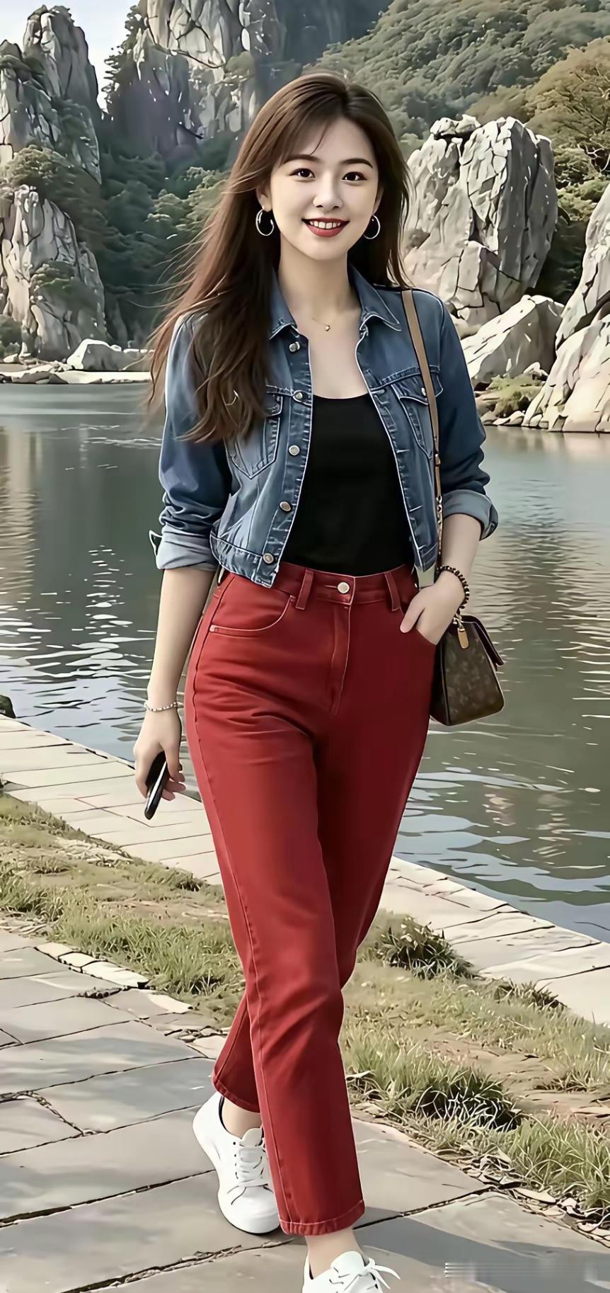 牛仔外套+红色高腰裤，活力满满的一天！🌞👗👠