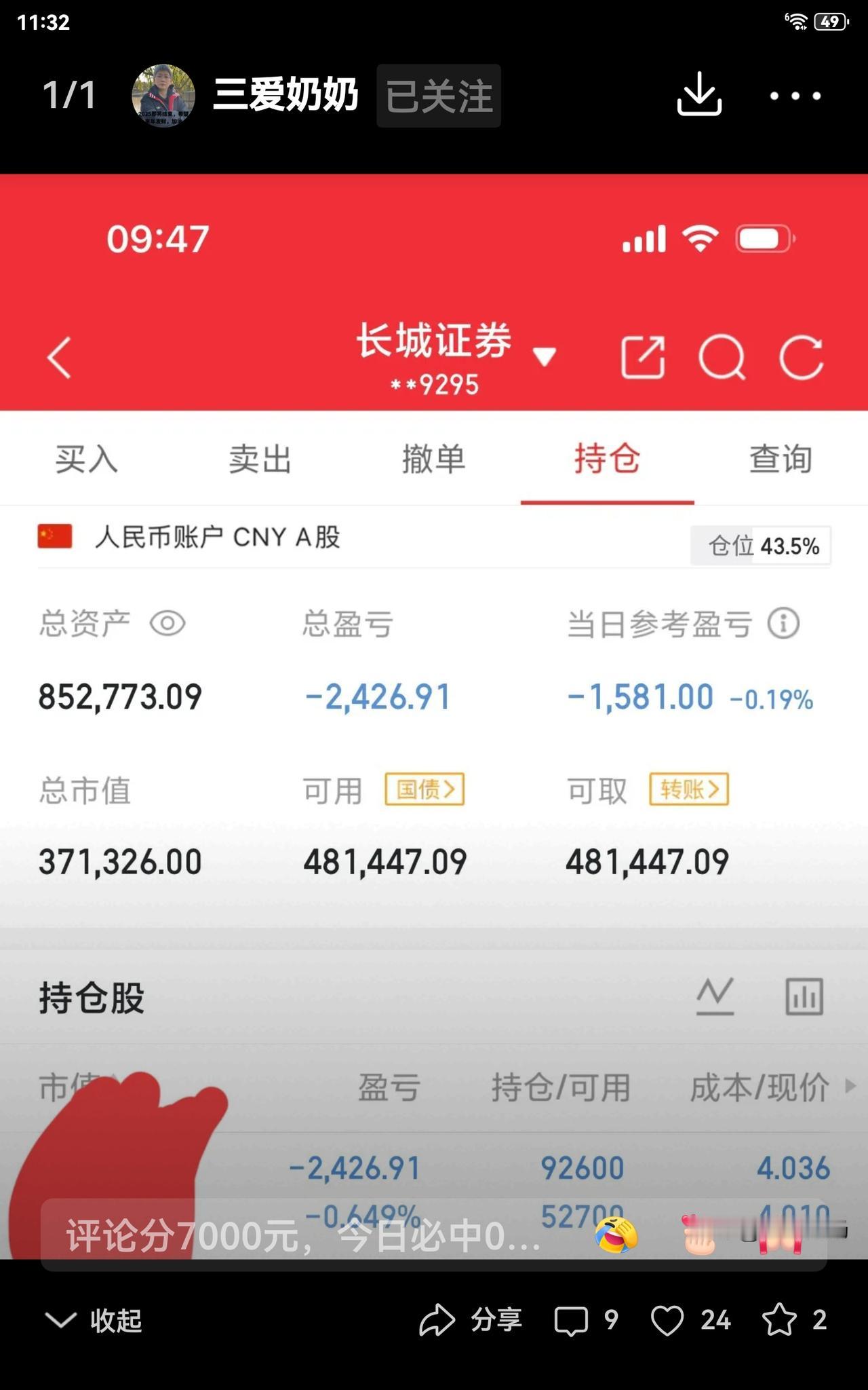 奶奶上星期买了一只低价股，今天又补仓了。到中午收盘时，还亏了一千多。奶奶说涨了就