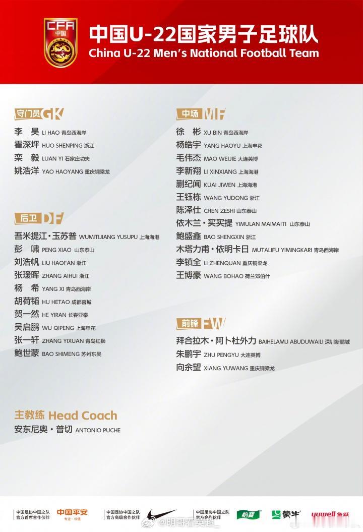 U22国足公布备战U23亚洲杯的名单，其中王钰栋、拜合拉木领衔，依木兰、向余望入