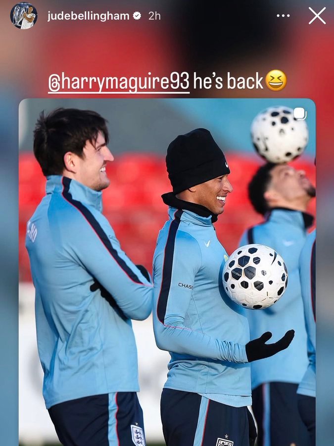 贝林厄姆在社交媒体和马奎尔互动：他回来了😆曼联