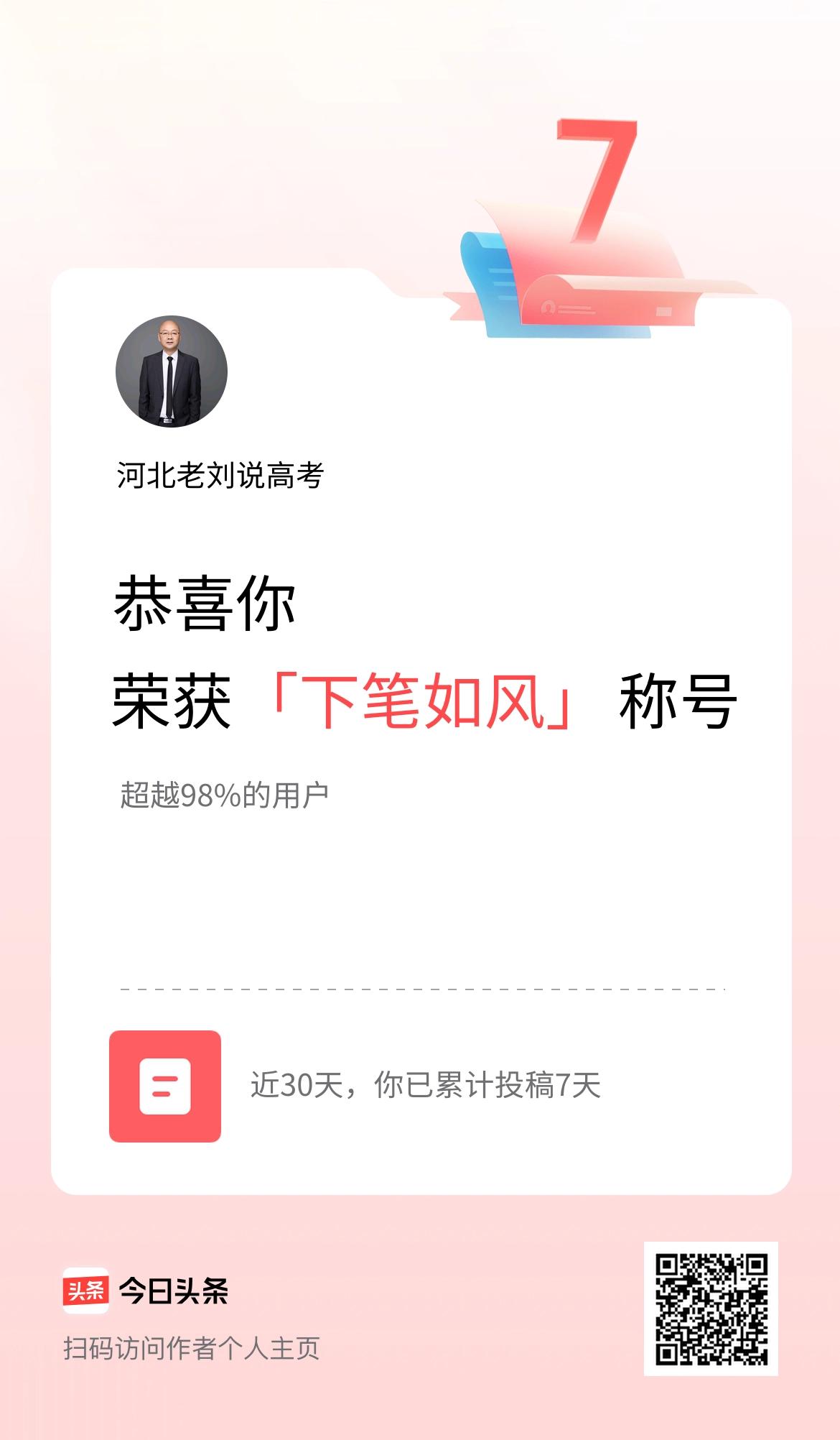 我在头条30天内投稿打卡7天，获得“下笔如风”称号
