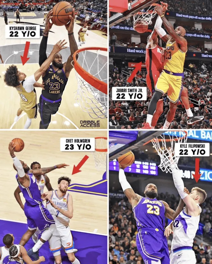 美媒：詹姆斯本赛季迎着多名23岁及以下球员完成暴扣。 