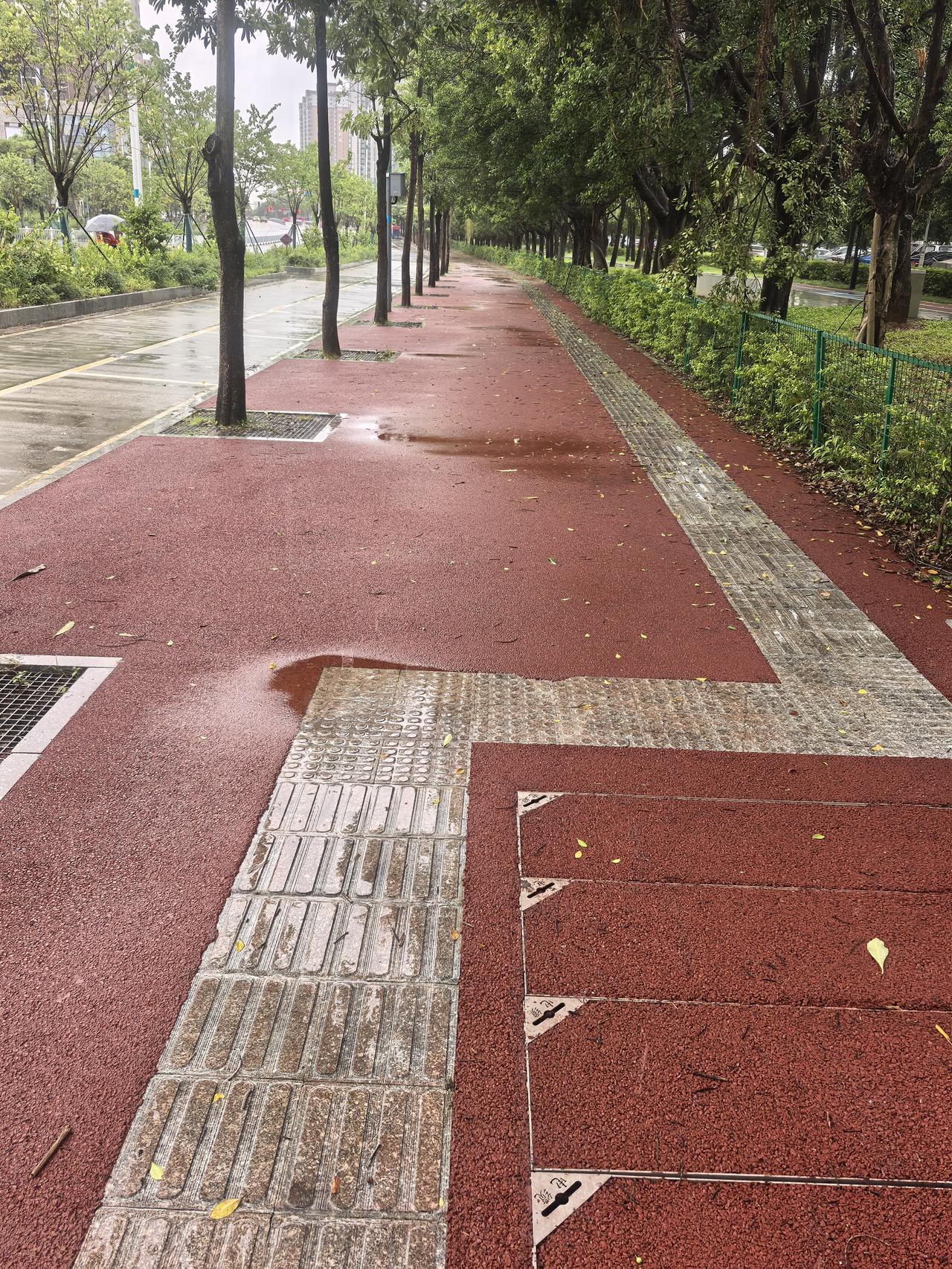 经过这几天大雨实地测试，我觉得还是这个彩色水泥路面最防滑。
大理石路面，雨天。走