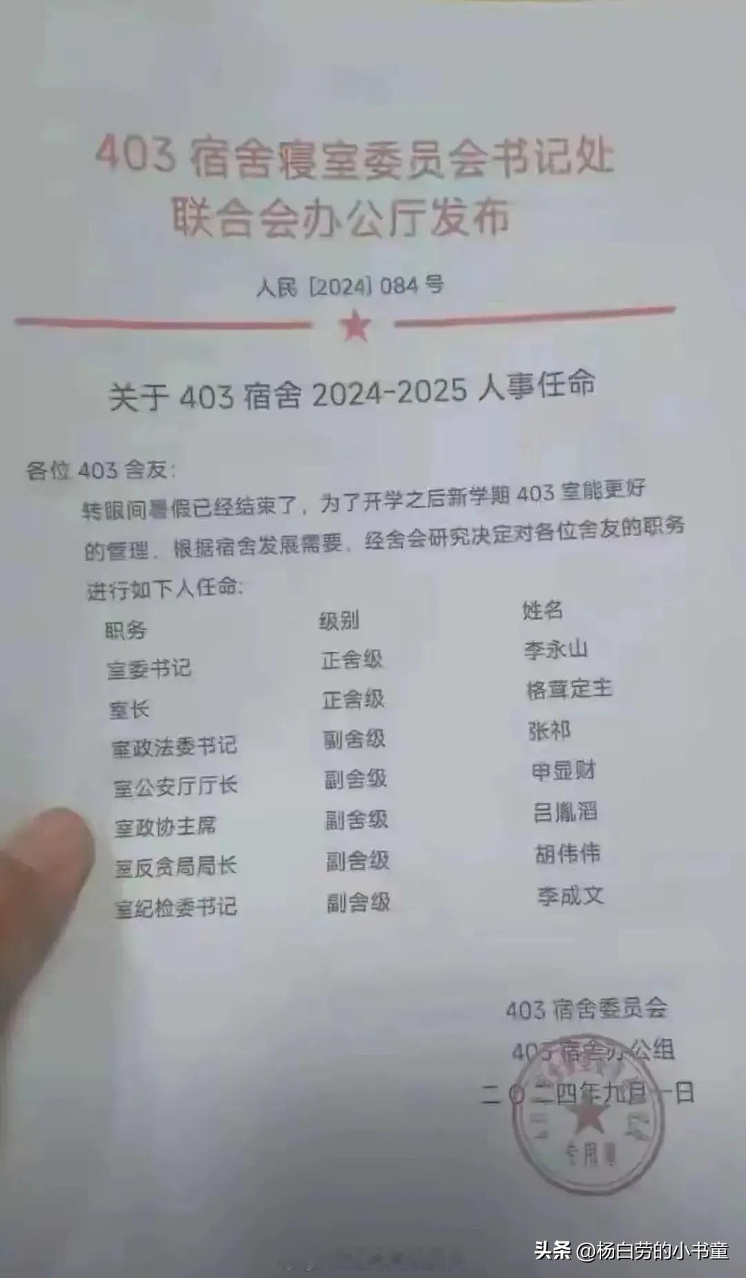 上届403宿舍人员认命
感谢8位领导的辛苦工作
人人平等，全部升官发财了
公司单
