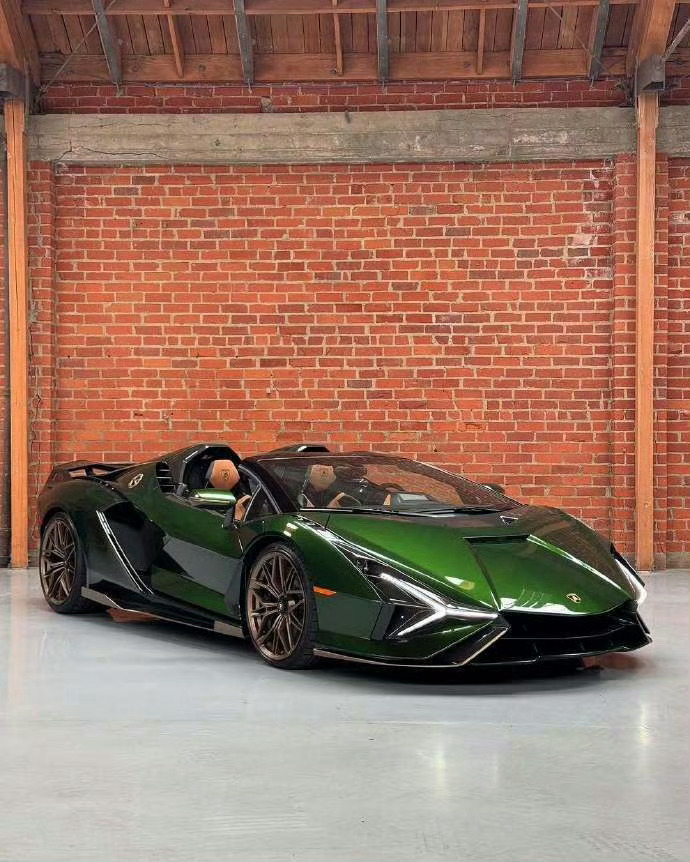 兰博基尼Sian Roadster，墨绿车身配金色轮毂，内饰碳纤与麂皮的碰撞，堪