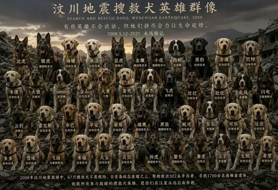 兄弟姐妹们！看到这张图我人麻了！
“2008年汶川地震救援中，67只搜救犬不畏艰