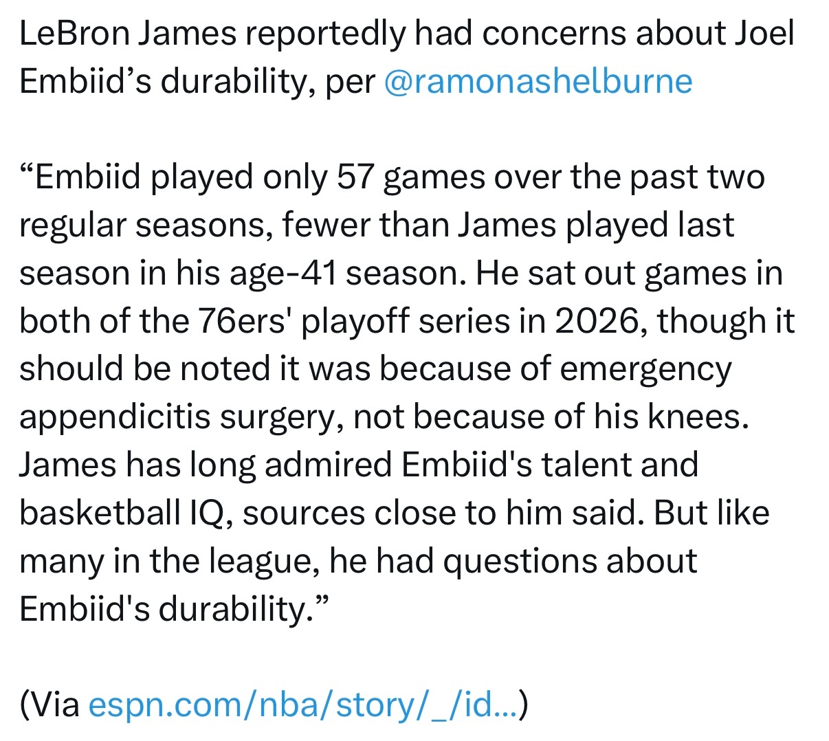 ESPN记者拉蒙娜：“恩比德过去两个常规赛合计只出战57场比赛，比41岁的詹姆斯