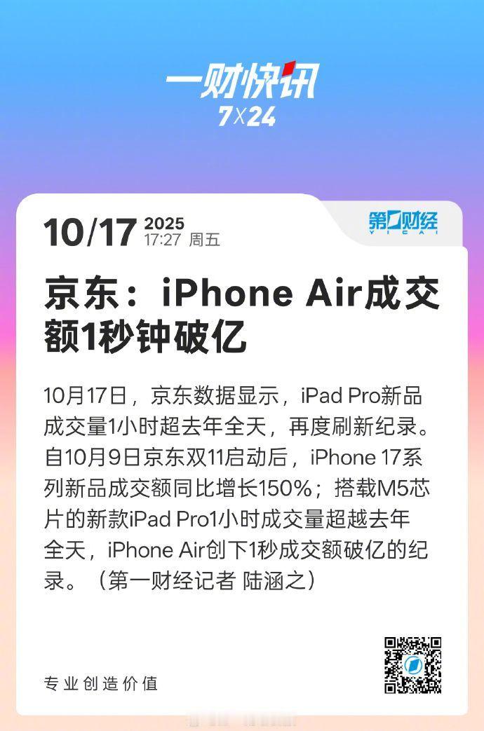 京东百亿补贴1元买手机百吋电视10月17日，京东数据显示，iPad Pro新品成