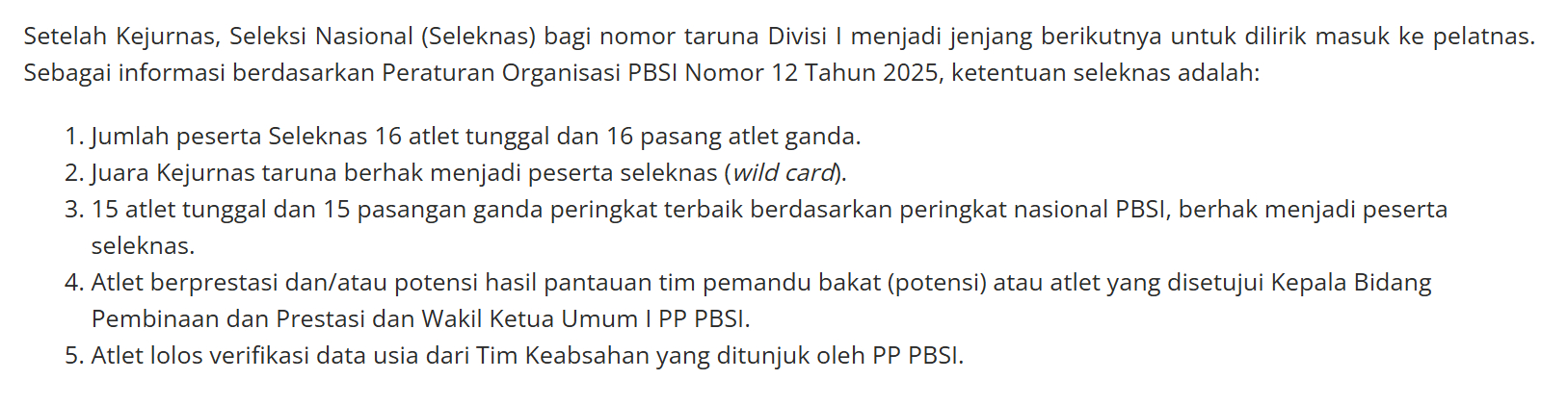 印尼2026国家队选拔赛青少年一组（Taruna Divisi I）项目的全国选