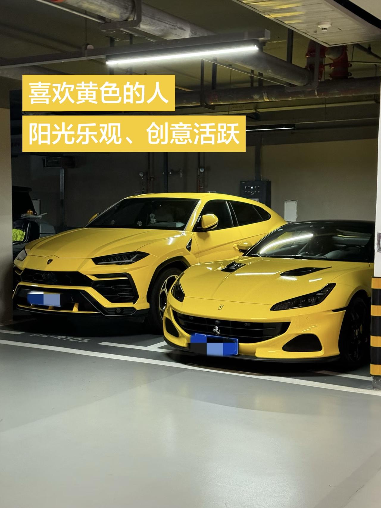 在停车场看到两辆并排的黄色“豪车”，特显眼！
从色彩心理学上来讲，喜欢黄色的人，