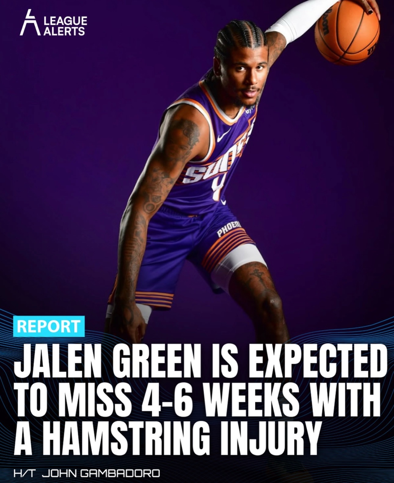 命运多舛！杰伦-格林因右腿筋拉伤预计将缺席4-6周。值得一提的是，此前，杰伦格林