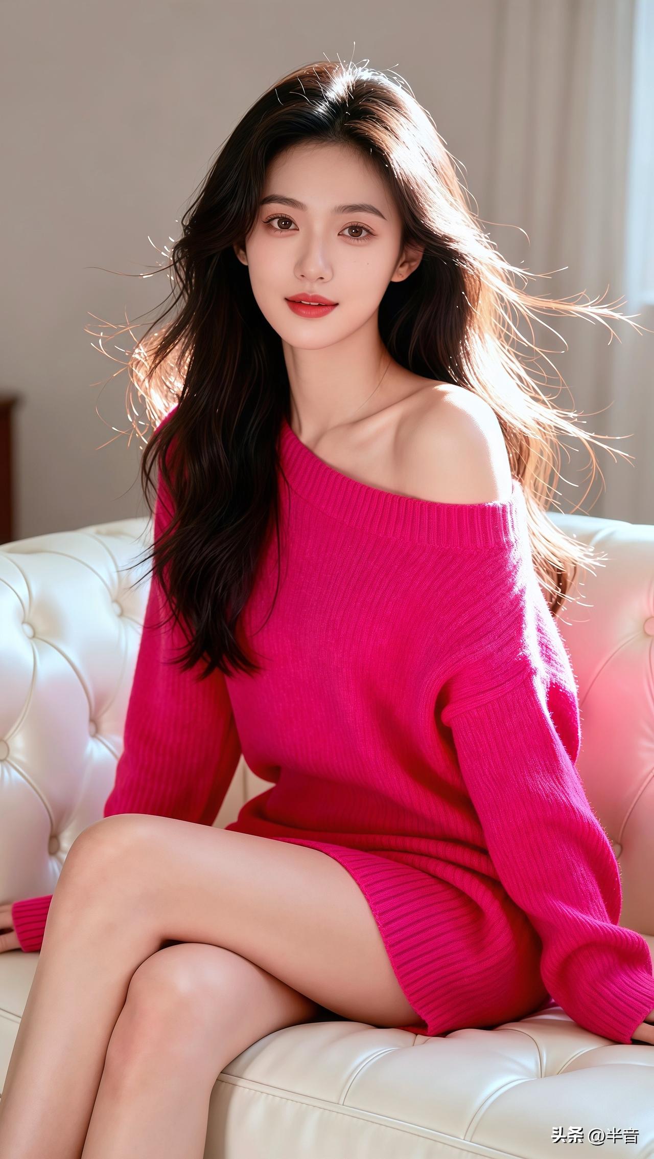 这抹玫红撩到心尖上了～
玫红毛衣滑落的弧度 
刚好盛住一缕温柔