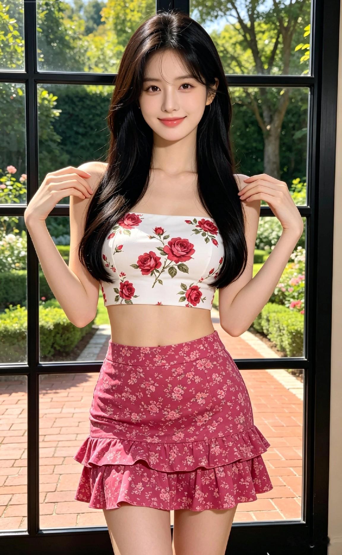 甜美少女风穿搭，粉色花朵裙搭配白色上衣，清新自然