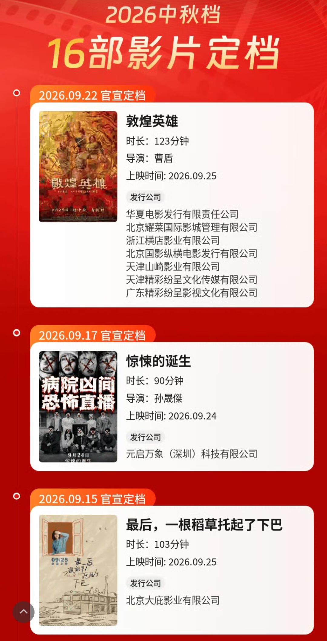 电影中秋档16部片单：
1，《敦煌英雄》
主演：章宇、窦骁、吕凉、蔡明
2，《惊