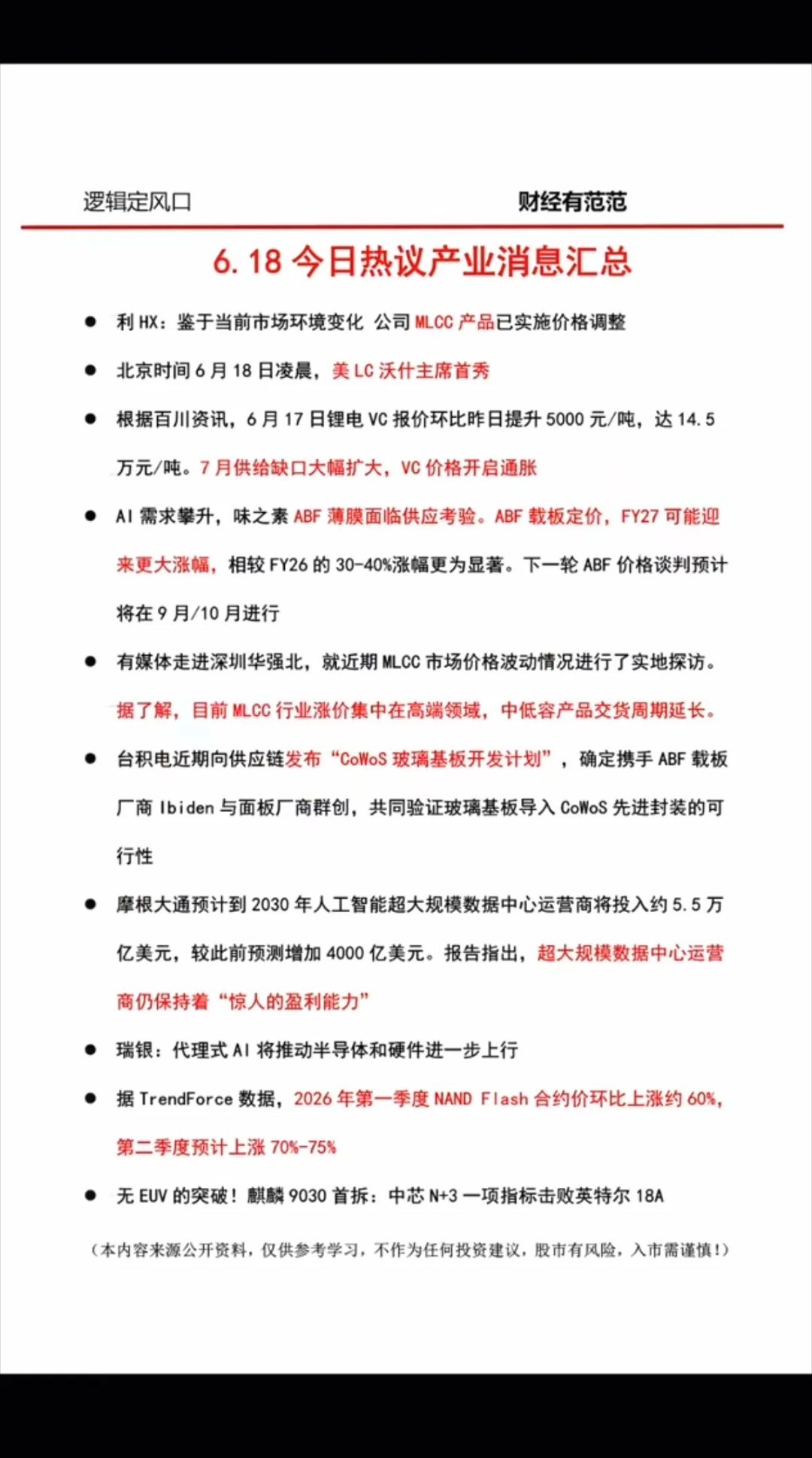 6.18周四  盘前：财经热点+信息参考！1.锂电池VC供应缺口2.MLCC涨价