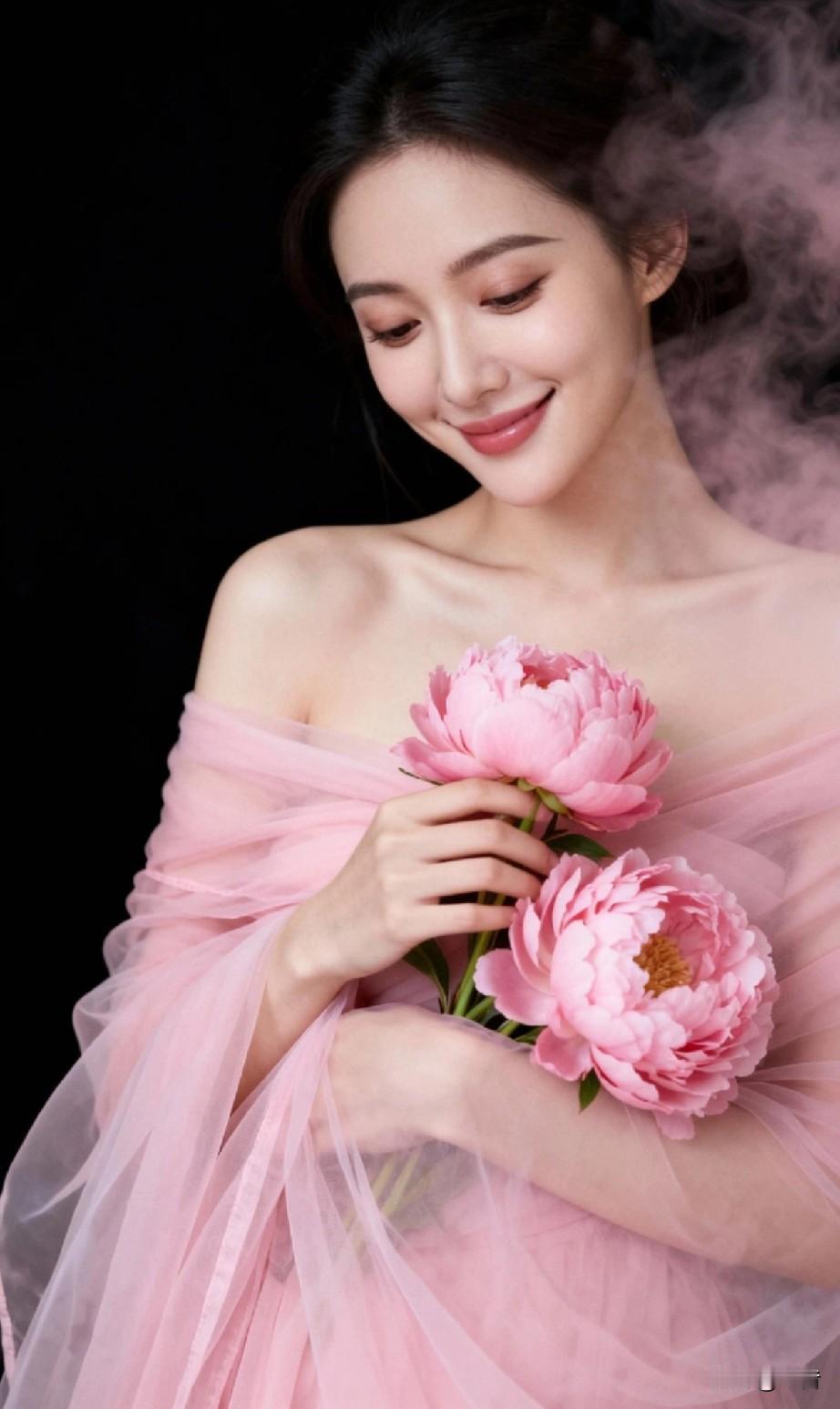 夜墨染丹色，人面胜花浓
轻纱漫舞时，一笑万古春
“是花成了精，还是人醉了花？”