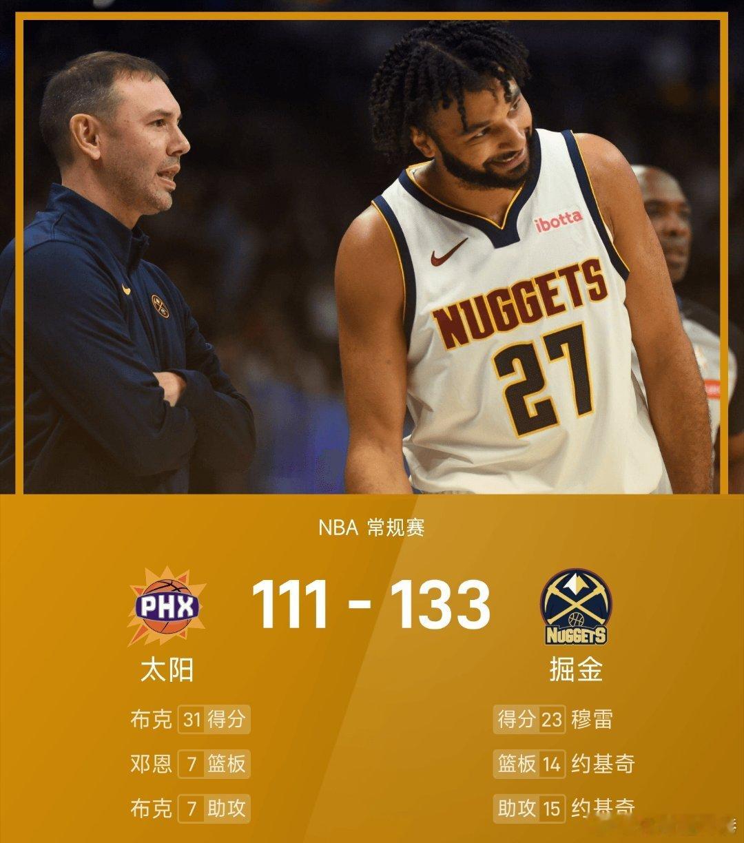 太阳vs掘金 掘金133-111战胜太阳。穆雷得到23分6板5助约基奇14分14
